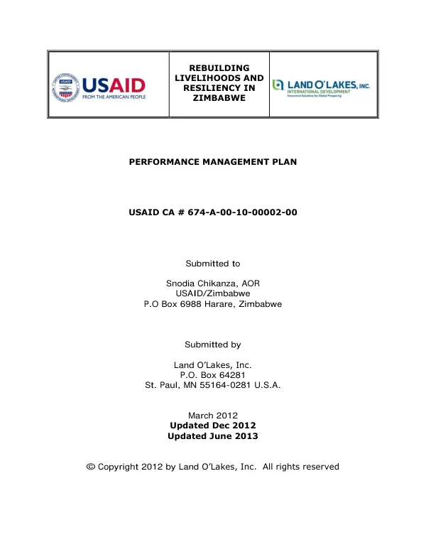 Rebuilding livelihoods and resiliency in Zimbabwe : performance management plan, USAID CA # 674-A-00-10-00002-00