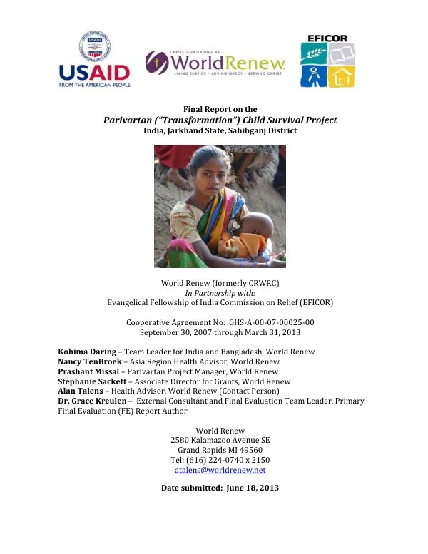 Final report on the parivartan ("transformation") child survival project, India, Jarkhand State, Sahibganj District