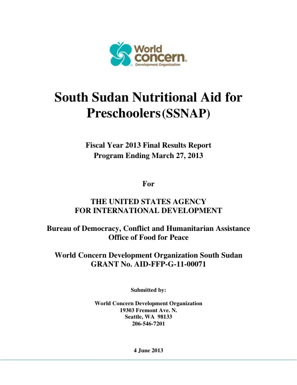South Sudan nutritional aid for preschoolers (SSNAP) : fiscal year 2013 final results report program ending March 27, 2013