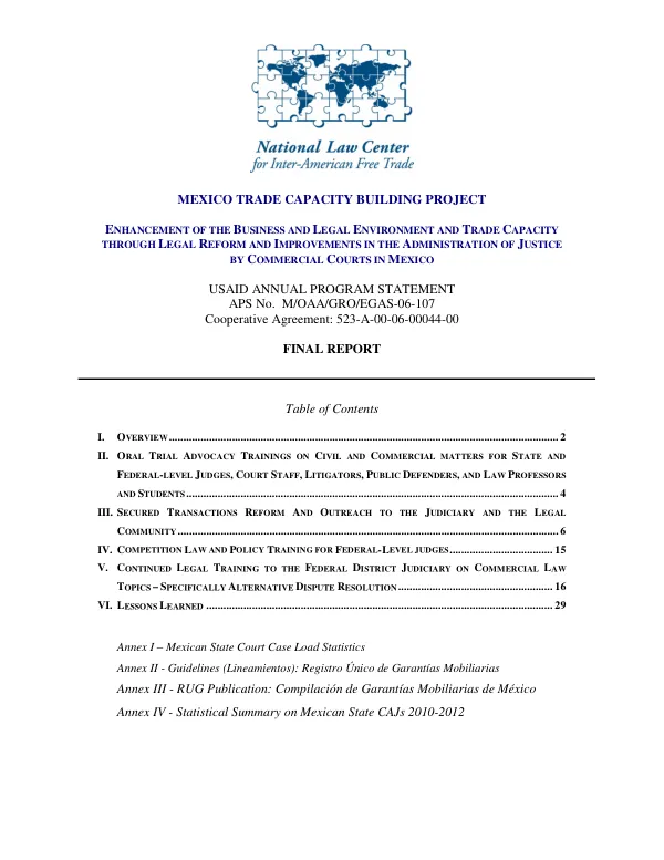 Enhancement of the business and legal environment and trade capacity through legal reform and improvements in the administration of justice by commercial courts in Mexico