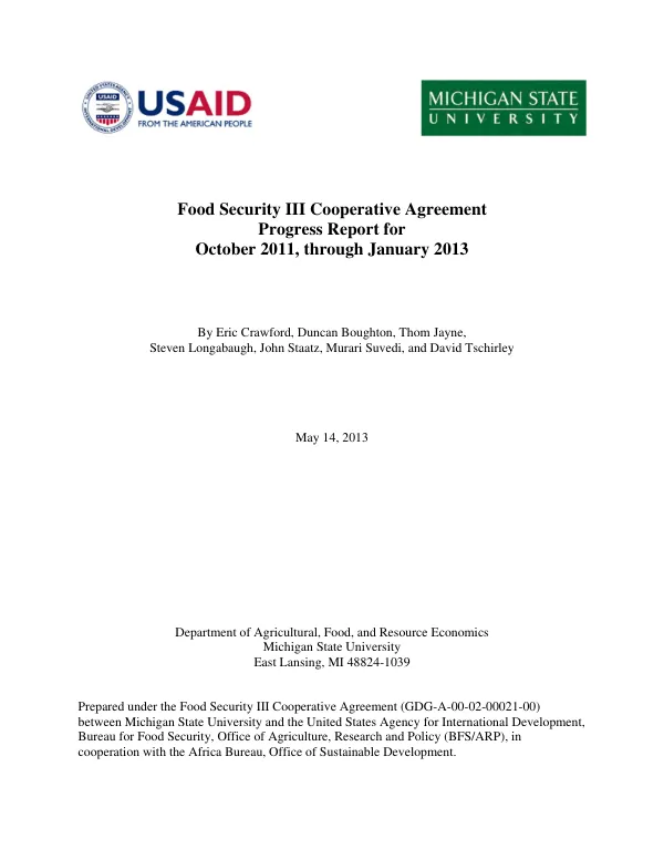 Food security III cooperative agreement progress report for October 2011, through January 2013