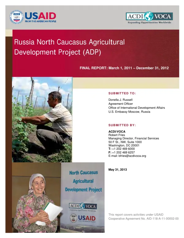 Russia North Caucasus agricultural development project (ADP) final report : March 1, 2011-December 31, 2012