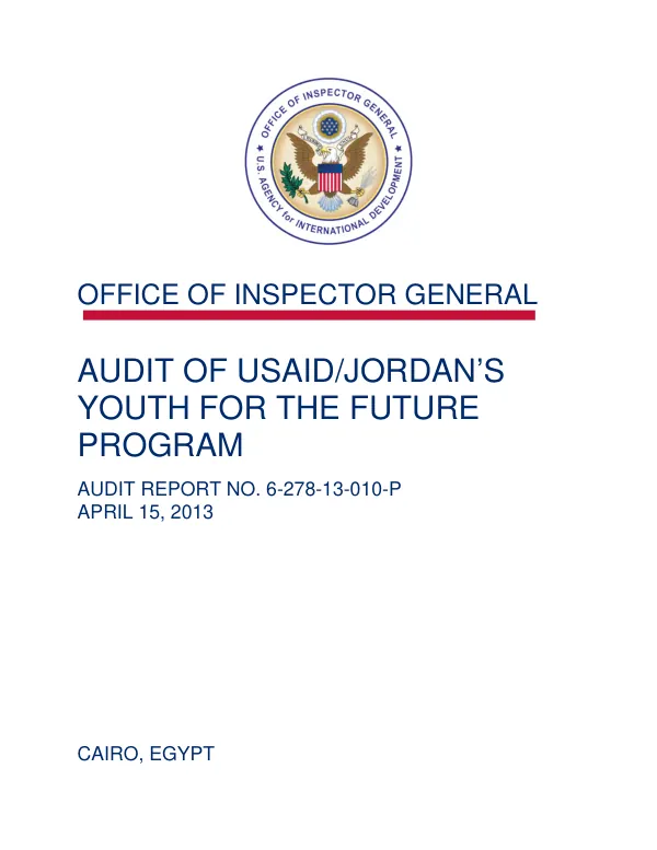 Audit of USAID/Jordan"s youth for the future program