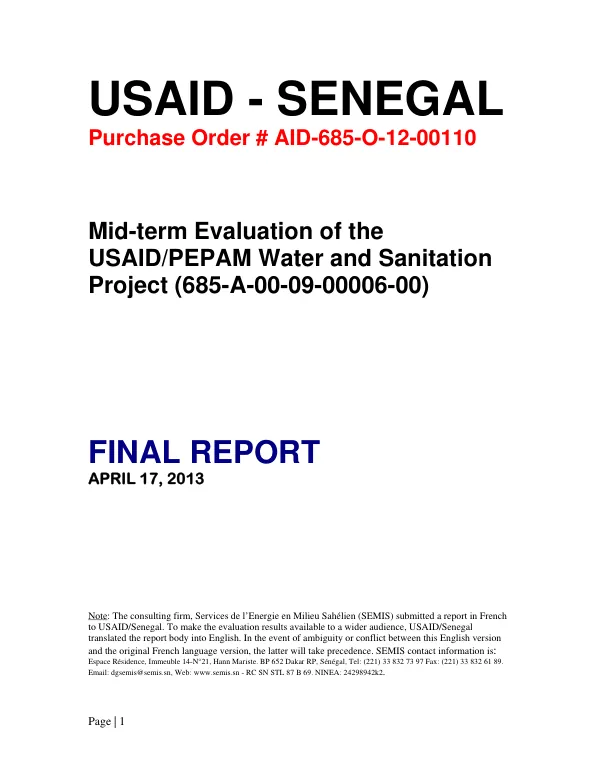 Mid-term performance evaluation of the USAID/PEPAM water and sanitation project (685-A-00-09-00006-00)