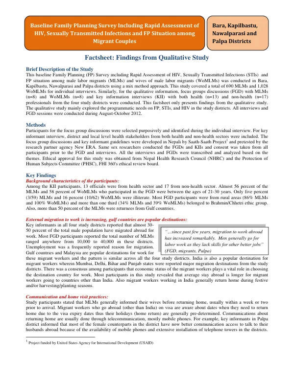 Baseline family planning survey including rapid assessment of HIV, STIs and FP situation among migrant couples : Bara, Kapilbastu, Nawalparasi and Palpa districts -- factsheet : findings from qualitative study