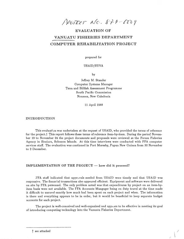 Evaluation of Vanuatu Fisheries Department, computer rehabilitation project