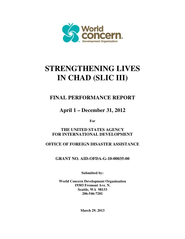 Strengthening lives in Chad (SLIC III) : final performance report, April 1 - December 31, 2012