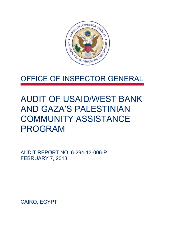 Audit of USAID/West Bank and Gaza"s Palestinian community assistance program