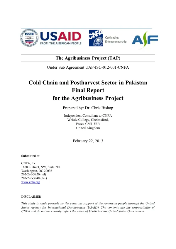 Cold chain and postharvest sector in Pakistan : final report for the agribusiness project