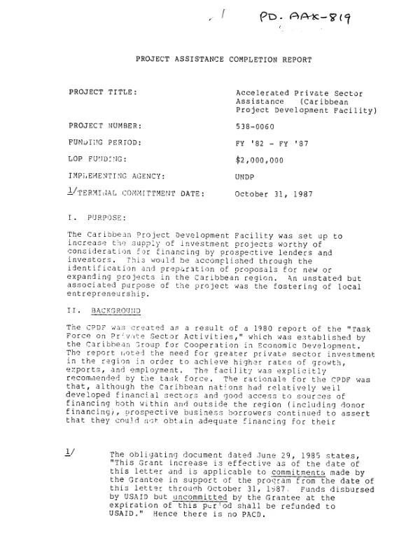 Project assistance completion report [: accelerated private sector assistance (Caribbean project development facility)]