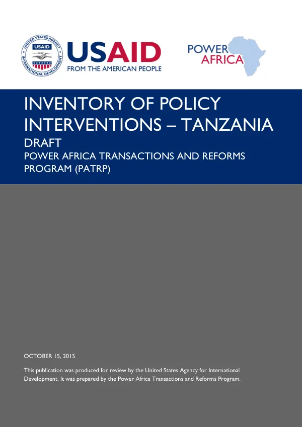 INVENTORY OF POLICY INTERVENTIONS – TANZANIA DRAFT POWER AFRICA TRANSACTIONS AND REFORMS PROGRAM (PATRP)