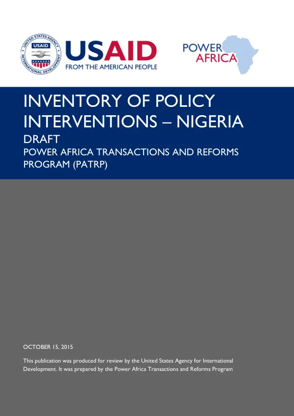 INVENTORY OF POLICY INTERVENTIONS – NIGERIA DRAFT POWER AFRICA TRANSACTIONS AND REFORMS PROGRAM (PATRP)