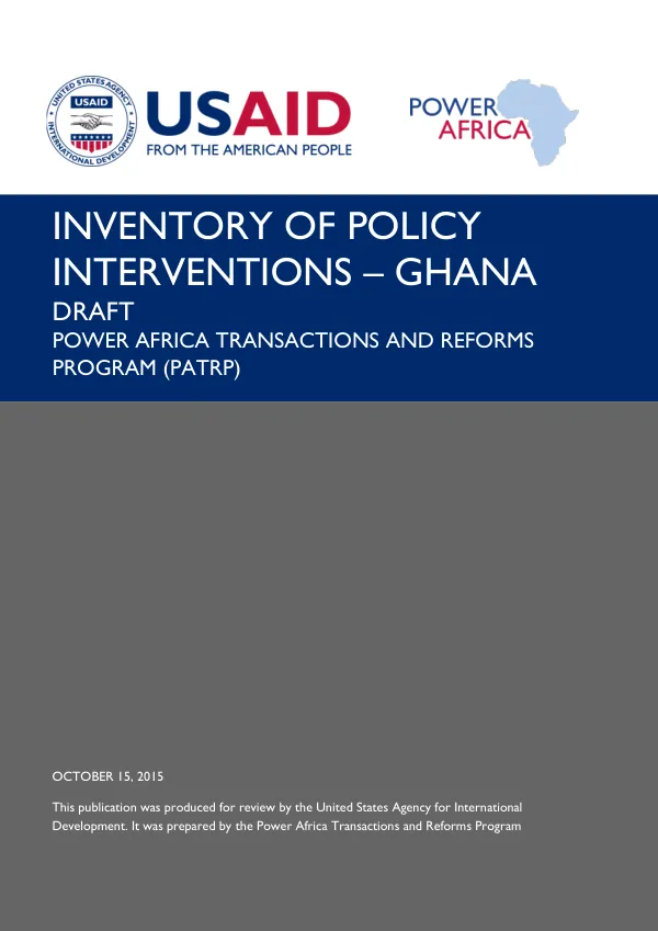 INVENTORY OF POLICY INTERVENTIONS – GHANA DRAFT POWER AFRICA TRANSACTIONS AND REFORMS PROGRAM (PATRP)