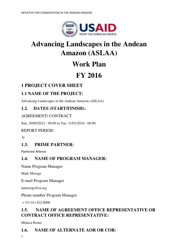 Advancing Landscapes in the Andean Amazon (ASLAA) Work Plan FY2016