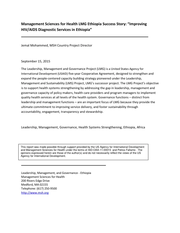 Management Sciences for Health LMG Ethiopia Success Story: “Improving HIV/AIDS Diagnostic Services in Ethiopia”
