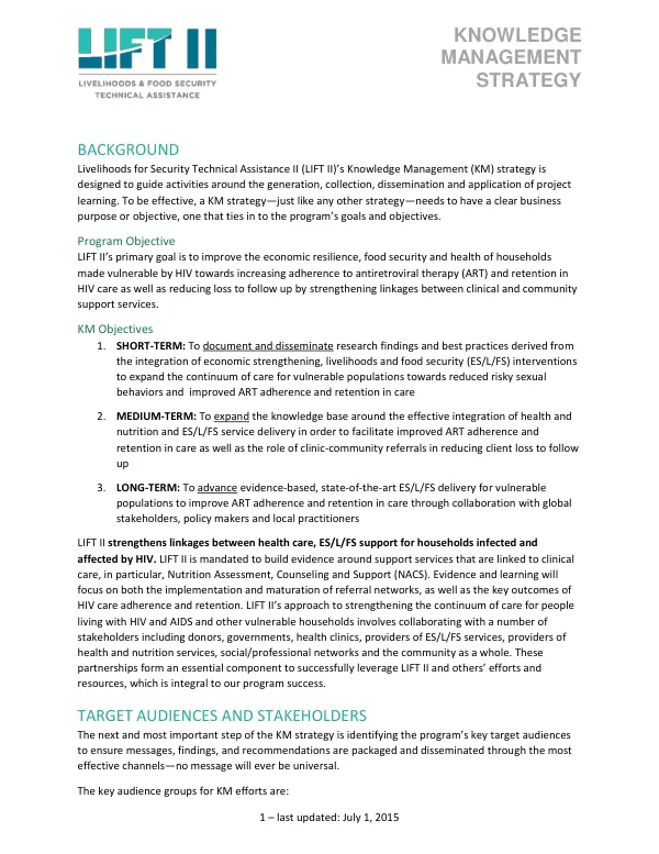 LIFT II Knowledge Management Strategy