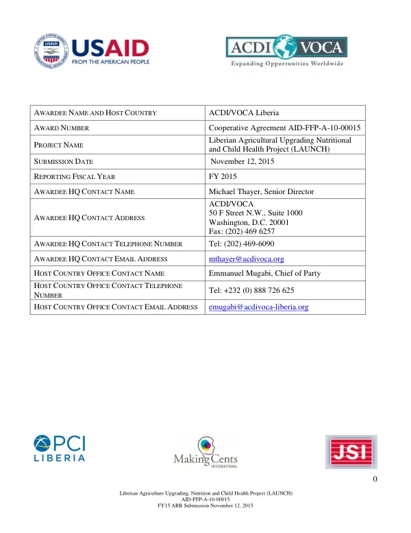 Liberian Agricultural Upgrading Nutrition and Child Health (LAUNCH), Annual Results Report FY 2015