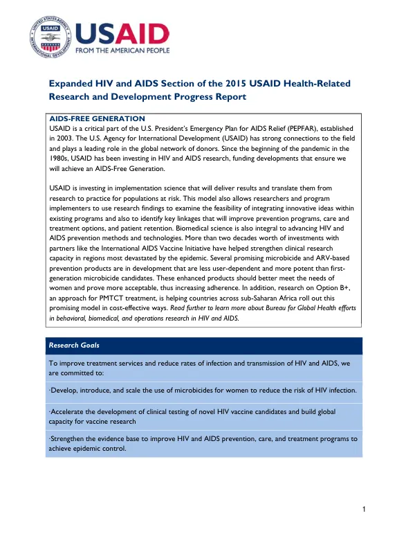 Expanded HIV and AIDS section of the 2015 USAID health-related research and development progress report