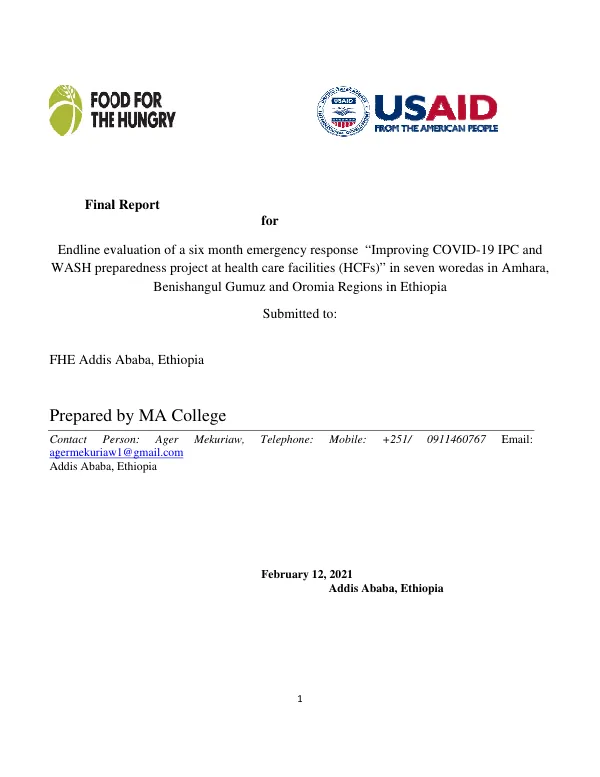 Final report for endline evaluation for a six month emergency response "improving COVID-19 IPC and WASH preparedness project at health care facilities in seven woredas in Amhara, Benishangul Gumuz and Oromia Regions in Ethiopia"