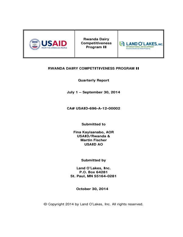 Rwanda Dairy Competitiveness Program July Sep 2015 Quarterly and Annual Report