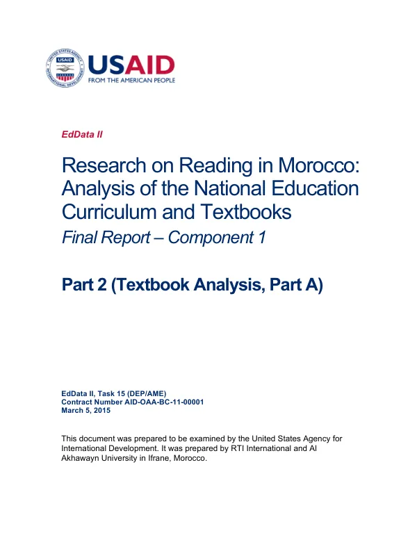 Research on reading in Morocco: analysis of the national education curriculum and textbooks Final report - component 1 Part 2 (textbook analysis), Part A)