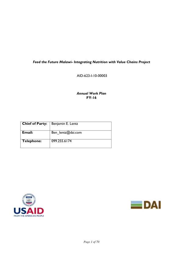 Feed the Future Malawi- Integrating Nutrition with Value Chains Project Annual Work Plan FY-16