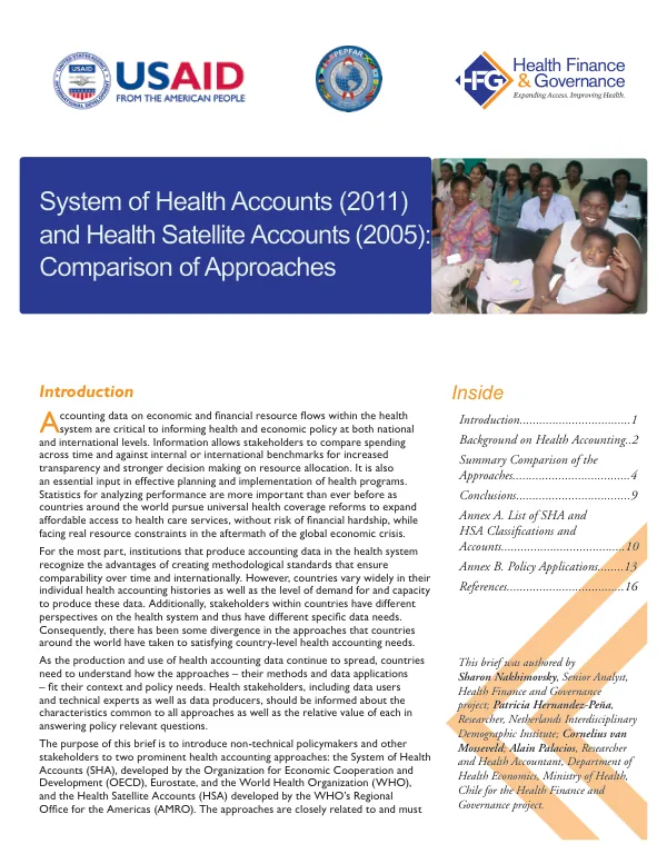 System of Health Accounts (2011) and Health Satellite Accounts (2005): Comparison of Approaches