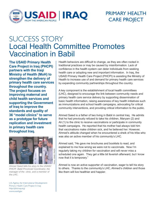 SUCCESS STORY Local Health Committee Promotes Vaccination in Babil