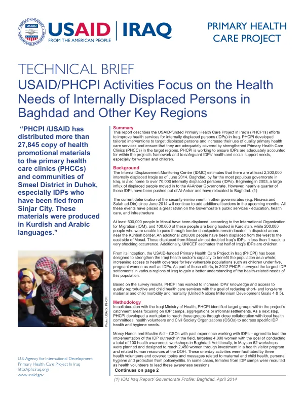 USAID/PHCPI Activities Focus on the Health Needs of Internally Displaced Persons in Baghdad and Other Key Regions