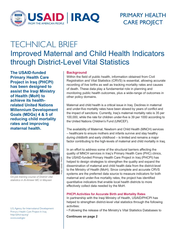 Improved Maternal and Child Health Indicators through District-Level Vital Statistics