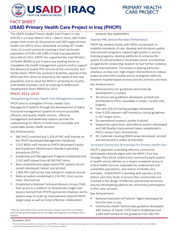 FACT SHEET: USAID Primary Health Care Project in Iraq (PHCPI)