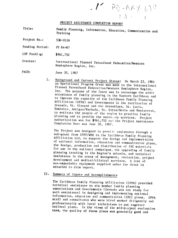 Project assistance completion report [: family planning, information, education, communication and training]