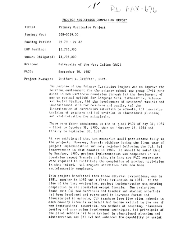 Project assistance completion report[ : primary curriculum project]