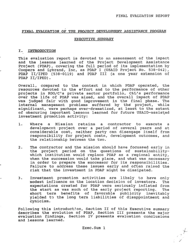 Evaluation of the program development assistance program, PDAP I (USAID project no. 538-0042), PDAP II/IPED (USAID project no. 538-0019), PDAP III (amendment to 538-0119) : final report