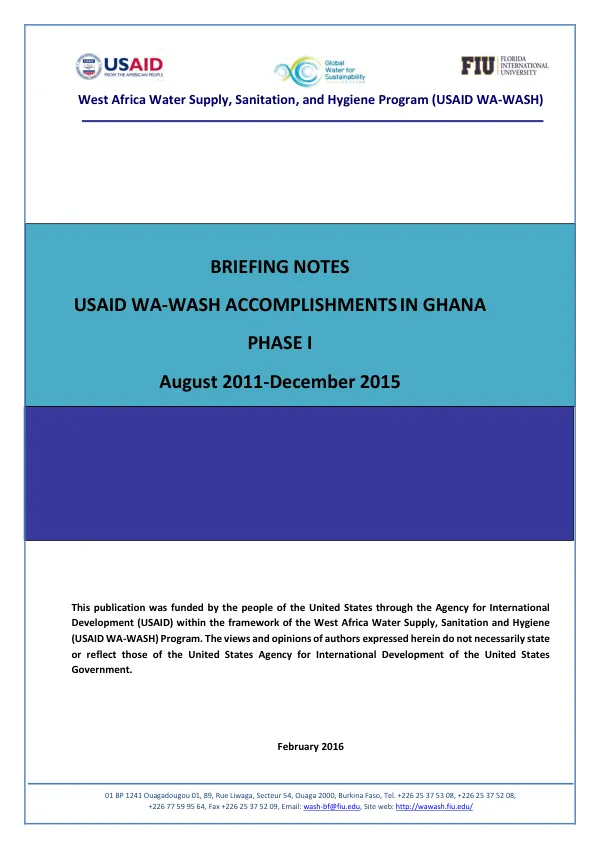 Briefing notes : USAID WA-WASH accomplishments in Ghana : phase I, August 2011-December 2015