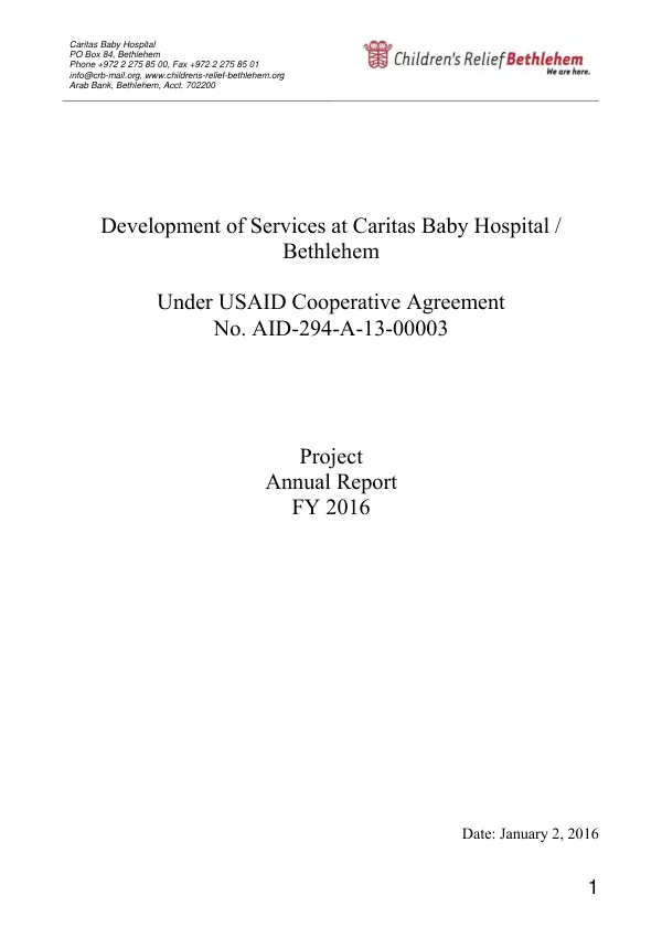 Development of services at Caritas baby hospital : annual report : FY16