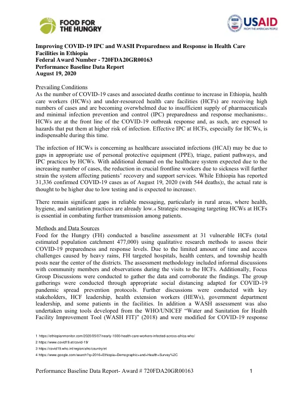 Improving COVID-19 IPC and WASH preparedness and response in health care facilities in Ethiopia [performance baseline data report]
