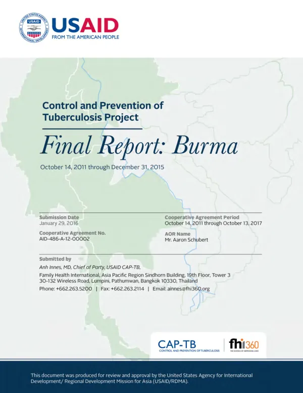 Control and prevention of tuberculosis project : final report : Burma, October 14, 2011 through December 31, 2015
