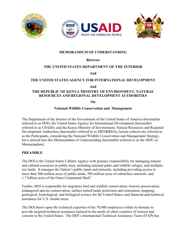 Memorandum of understanding between the United States Department of the Interior and the United States Agency for International Development and the Republic of Kenya Ministry of Environment, Natural Resources and Regional Development Authorities on national wildlife conservation and management