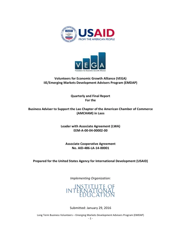 Quarterly and final report for the business adviser to support the Lao chapter of the American Chamber of Commerce (AMCHAM) in Laos