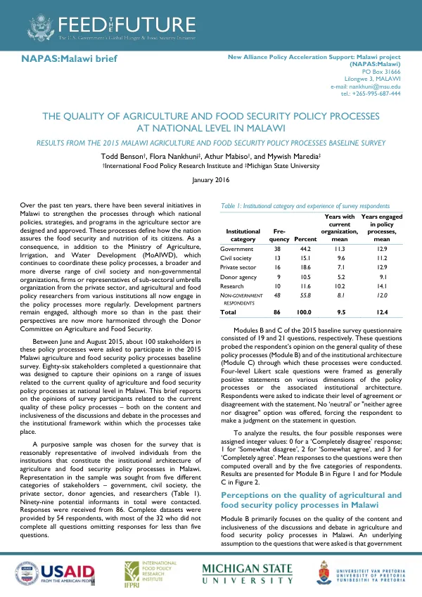 The quality of agriculture and food security policy processes at national level in Malawi : results from the 2015 Malawi agriculture and food security policy processes baseline survey
