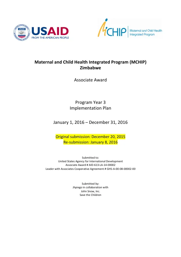 MCHIP Zimbabwe AA FY16 Program Year 3 Approved Workplan