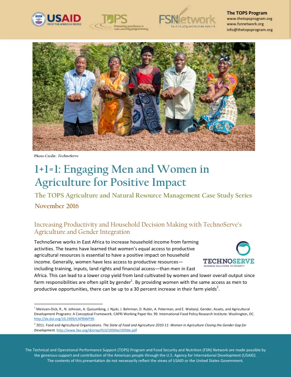 1+1=1: Engaging Men and Women in Agriculture for Positive Impact