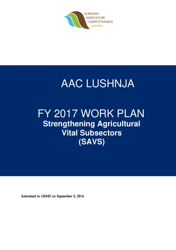 FY 2017 WORK PLAN - Strengthening Agricultural Vital Subsectors - (SAVS)
