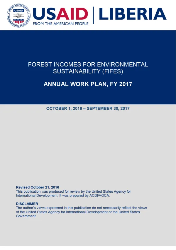 Forest Incomes For Environmental Sustainability (FIFES) Annual Workplan FY 2017, October 1, 2016 - September 30, 2017