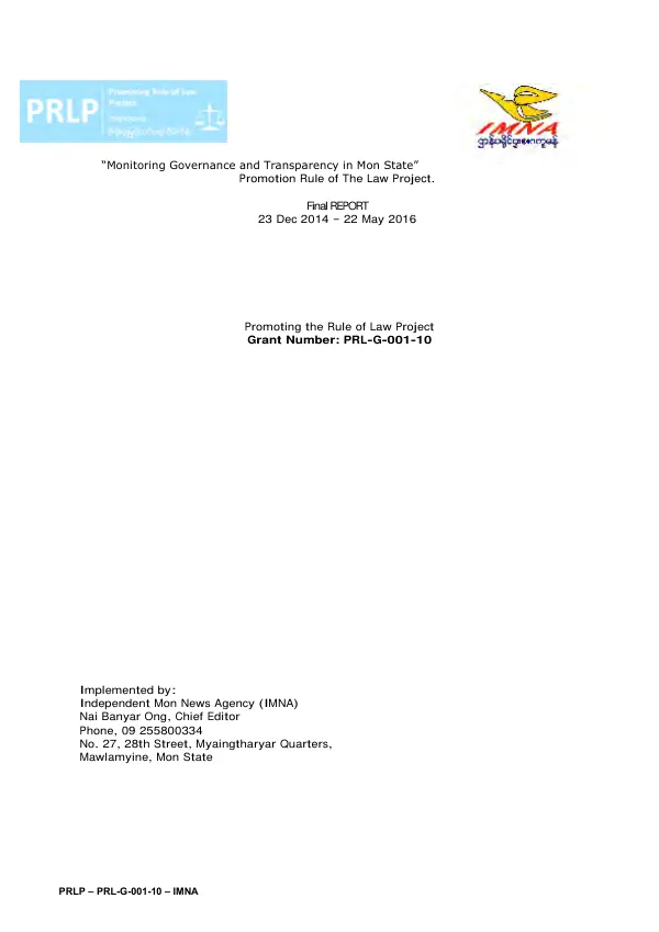 Monitoring governance and transparency in Mon state : final report : 23 Dec 2014 – 22 May 2016