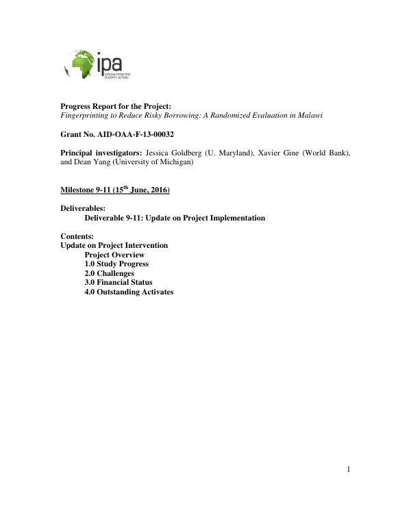 Final Progress Report: Fingerprinting to Reduce Risky Borrowing: A Randomized Evaluation in Malawi