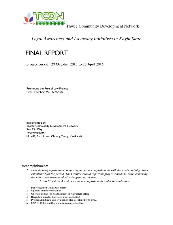 Legal awareness and advocacy initiatives in Kayin state : final report : project period : 29 October 2015 to 28 April 2016