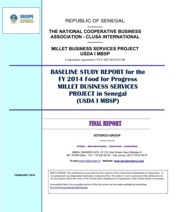 [USDA] Baseline study report for the FY 2014 food for progress millet business services project in Senegal (USDA I MBSP) : final report