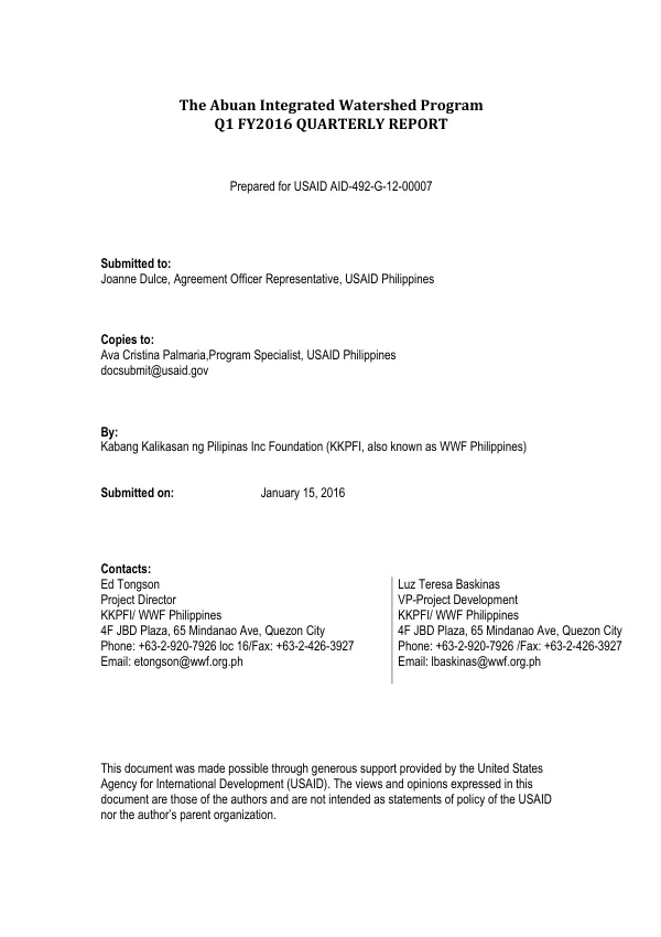 [Philippines] Abuan Integrated Watershed Management Project | 2016 Q1 Progress Report